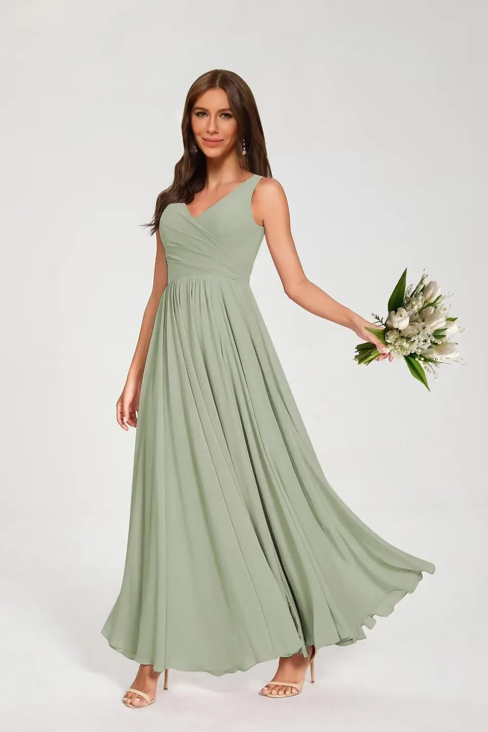 V Neck Chiffon Bridesmaid Dresses for Women A Line Pleated Formal Evening Party Gown