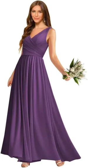 V Neck Chiffon Bridesmaid Dresses for Women A Line Pleated Formal Evening Party Gown
