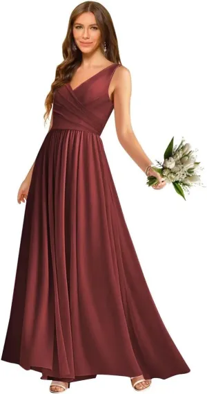 V Neck Chiffon Bridesmaid Dresses for Women A Line Pleated Formal Evening Party Gown