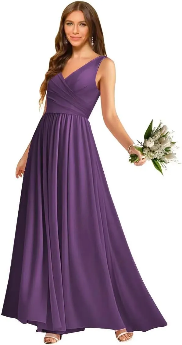 V Neck Chiffon Bridesmaid Dresses for Women A Line Pleated Formal Evening Party Gown