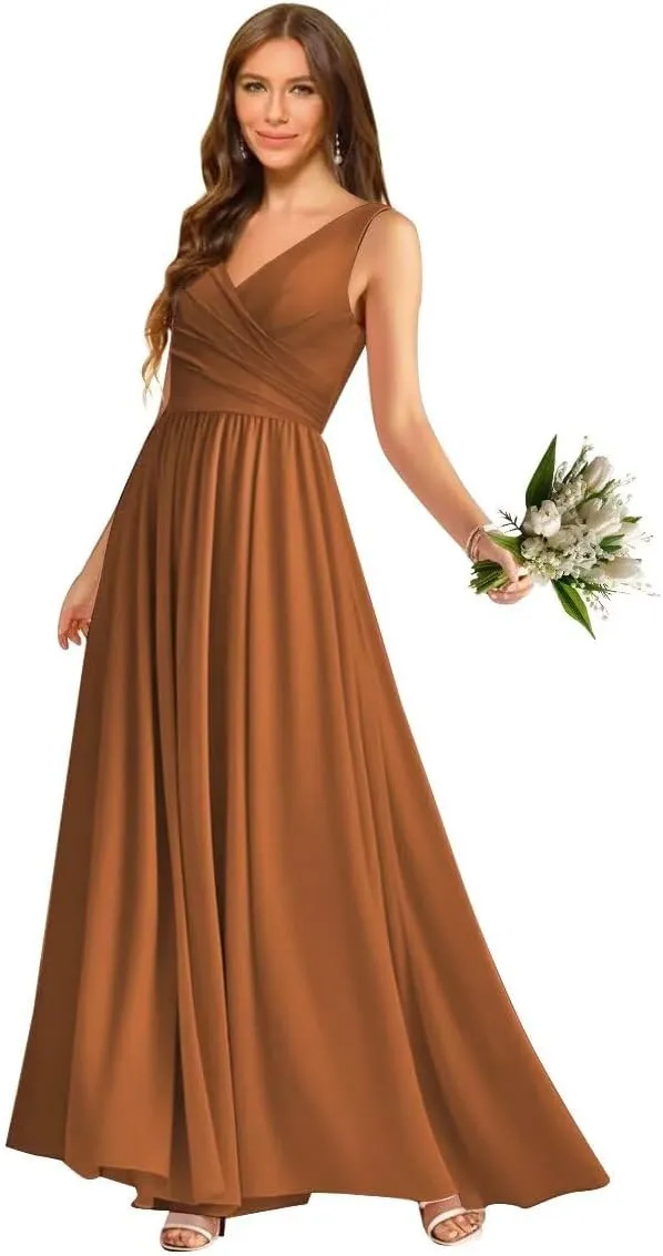 V Neck Chiffon Bridesmaid Dresses for Women A Line Pleated Formal Evening Party Gown
