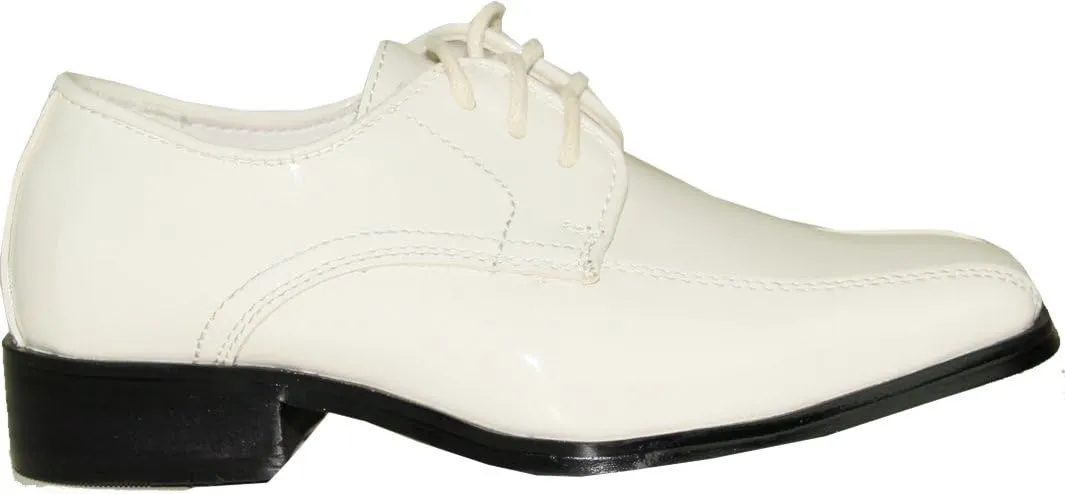 VANGELO Boy Tuxedo Shoe TUX-5K Square Toe for Wedding Formal Events with Wrinkle Free Material Ivory Patent