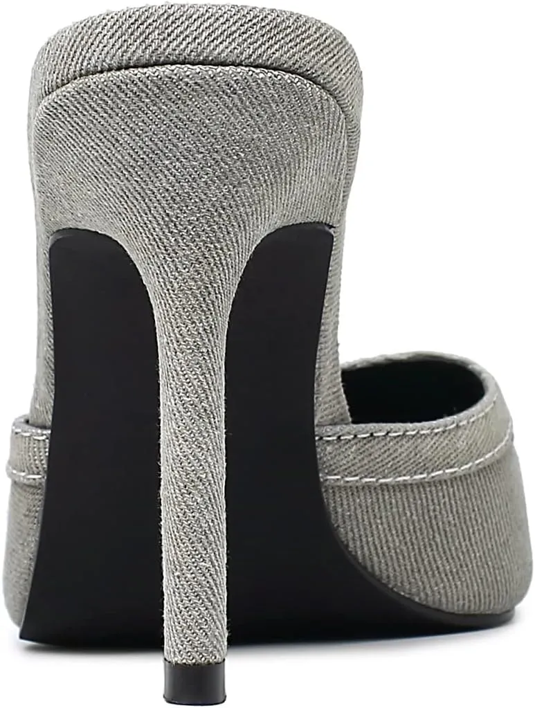 vivianly Womens Denim Stiletto Heels Sandals Pointed Toe Heeled Mule Pumps