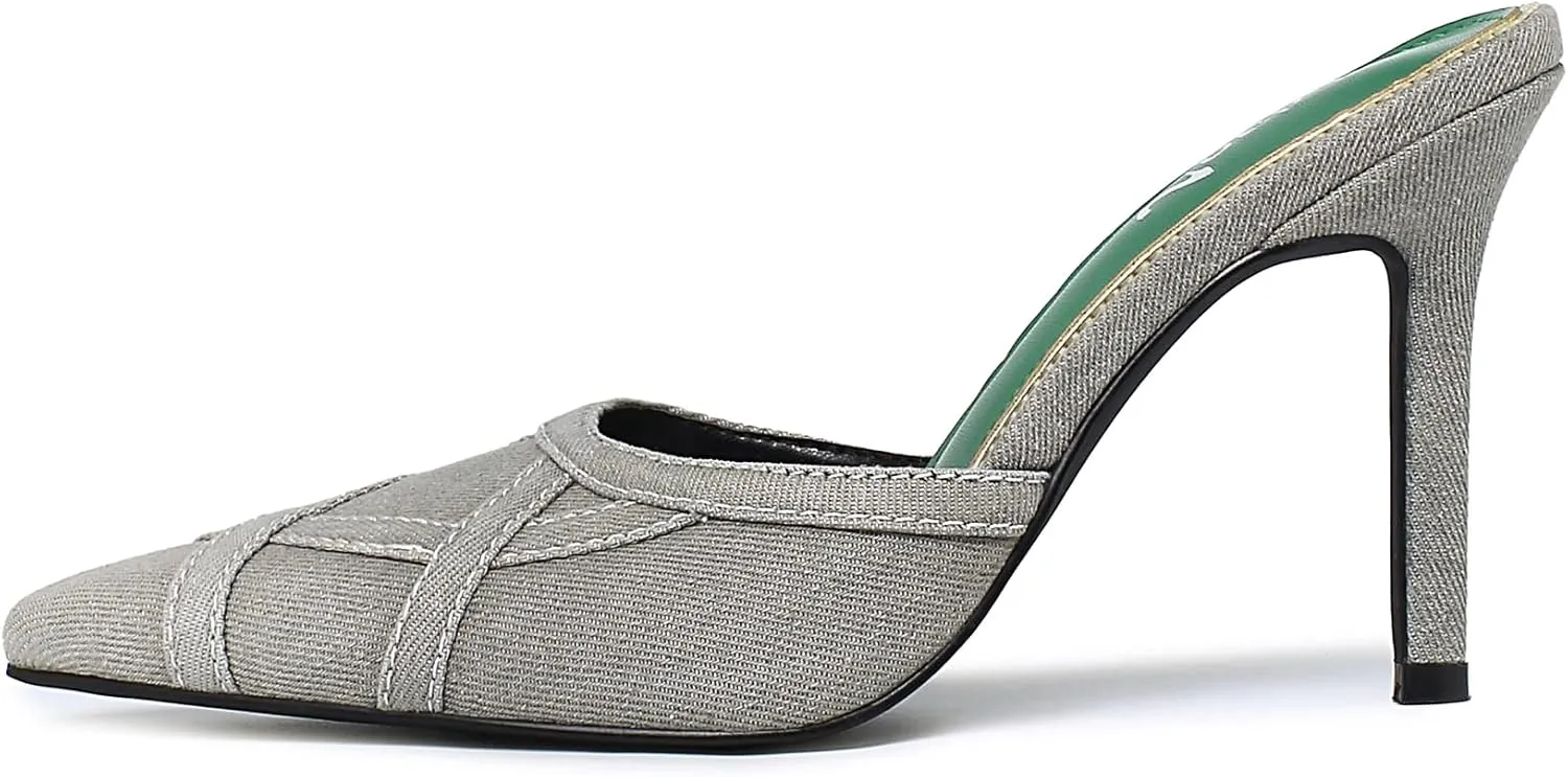 vivianly Womens Denim Stiletto Heels Sandals Pointed Toe Heeled Mule Pumps