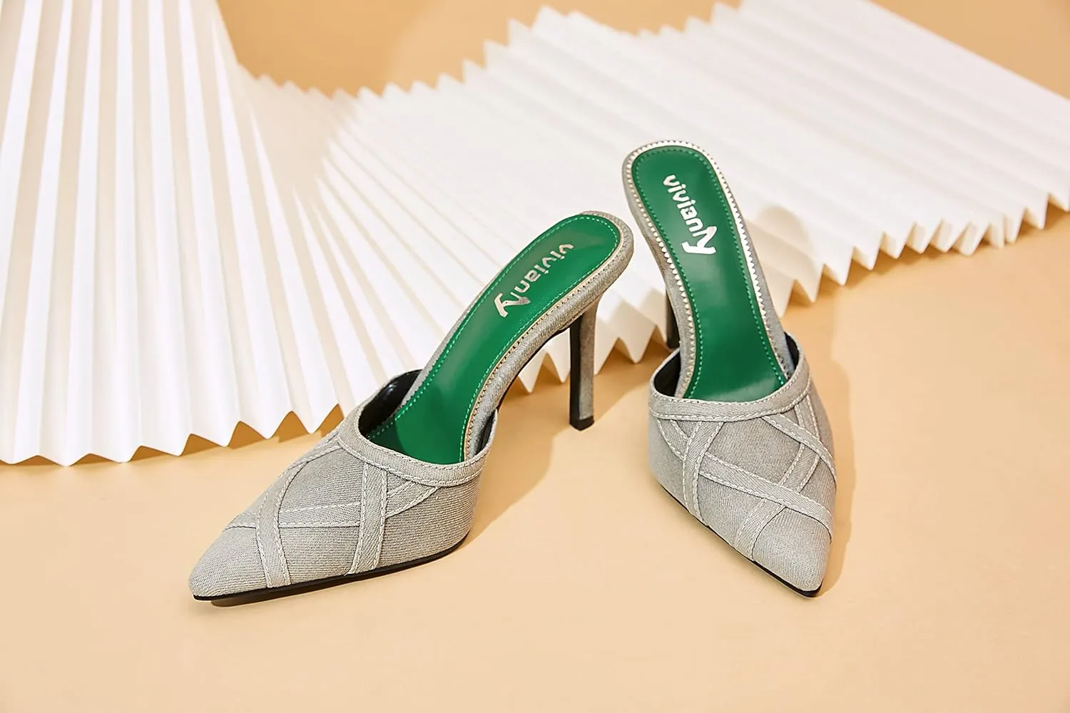 vivianly Womens Denim Stiletto Heels Sandals Pointed Toe Heeled Mule Pumps