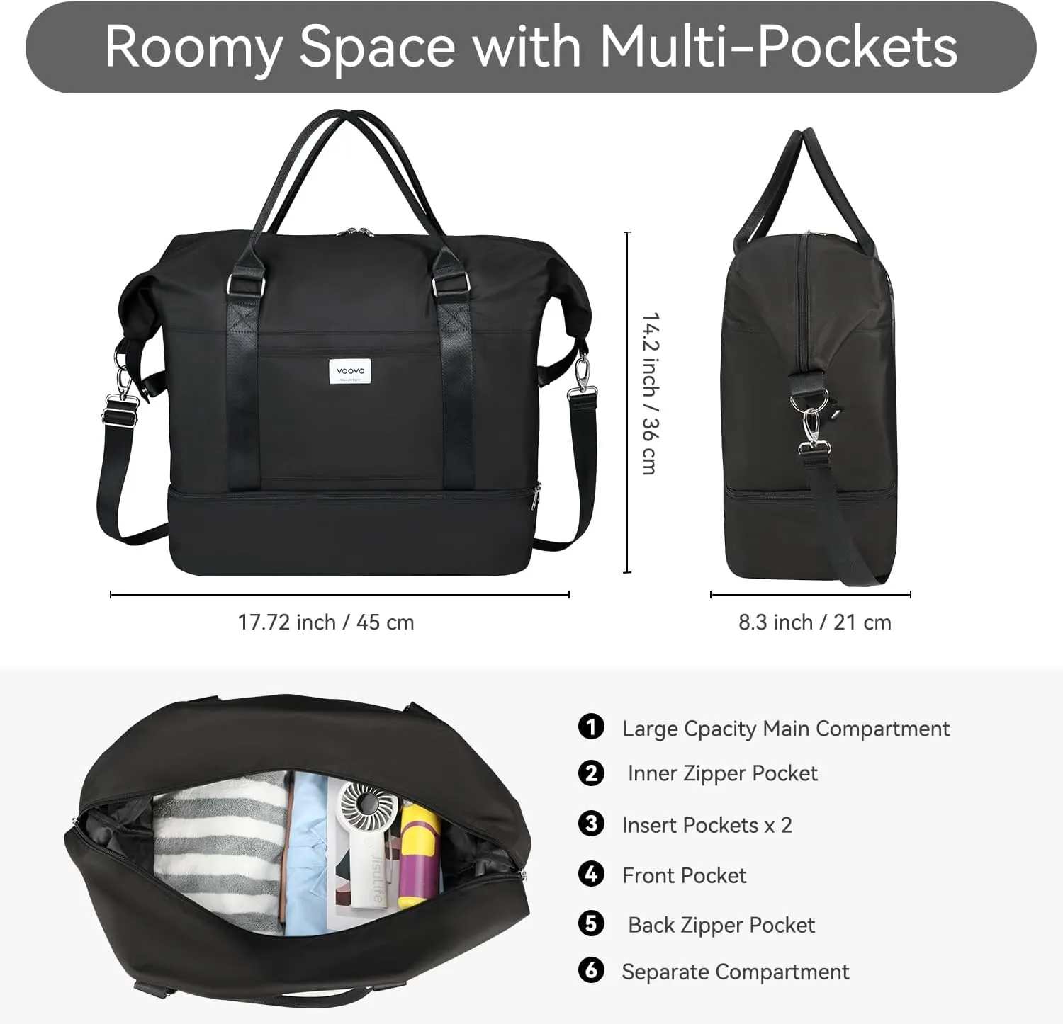 Voova Weekender Bags for Women, Large Travel Duffle Bag for Personal Item Travel with Shoes Compartment, Carry On Overnight Bag with Toiletry Bags 4 Pack Set for Men, Gym, Hospital, Yoga (Black)