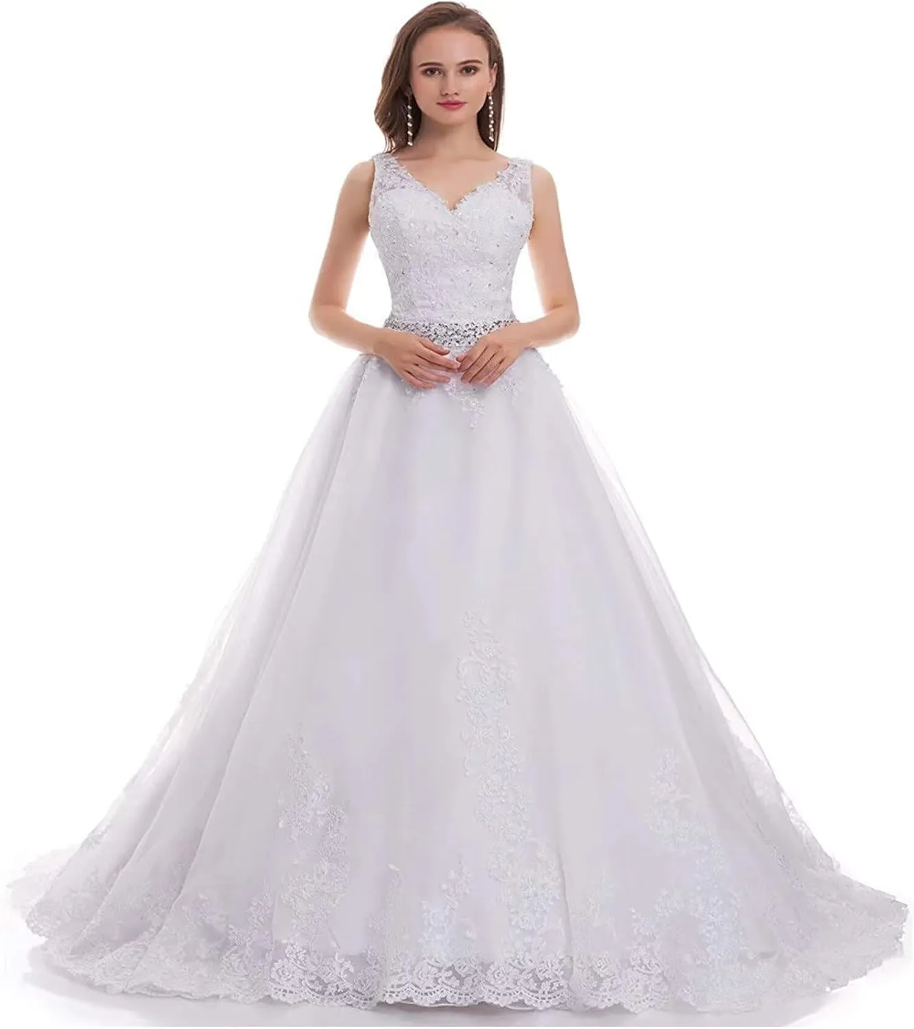 Wedding Dresses for Bride Boho Lace Appliques Empire Chapel A-Line V-Neck Tulle Bridal Gowns with Train