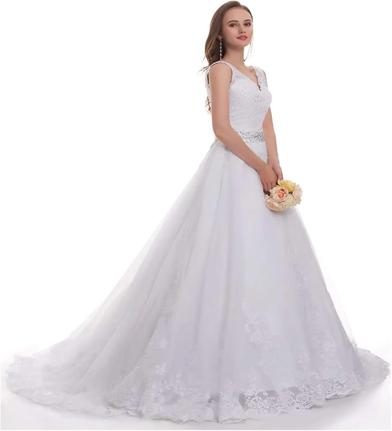 Wedding Dresses for Bride Boho Lace Appliques Empire Chapel A-Line V-Neck Tulle Bridal Gowns with Train
