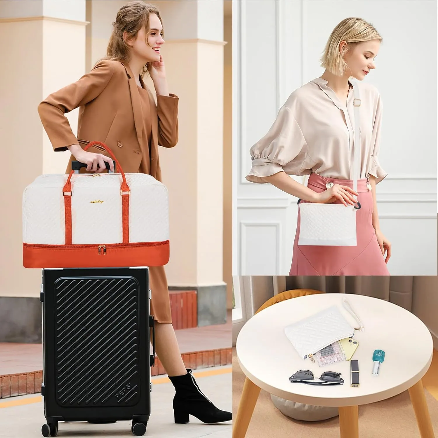 Weekender Bag for Women, 5 Pcs Set Carry on Overnight Bag, 23" Travel Duffel Bag with Waterproof Shoe Compartment