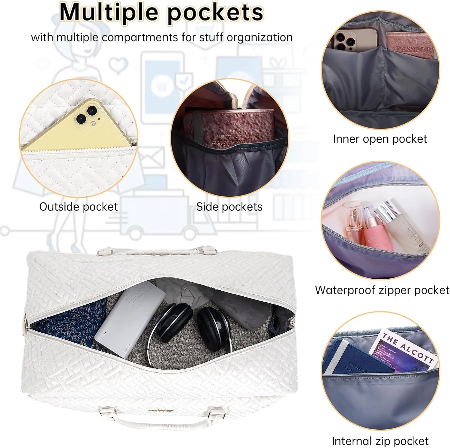 Weekender Bag for Women, 5 Pcs Set Carry on Overnight Bag, 23" Travel Duffel Bag with Waterproof Shoe Compartment
