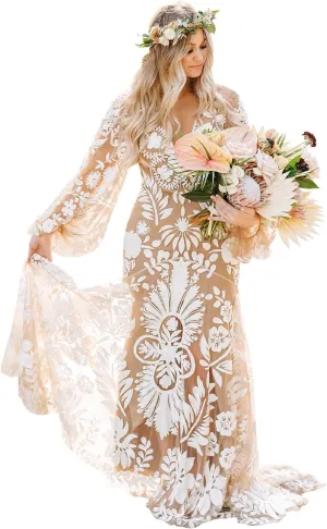 Western Boho Wedding Dresses for Bride Luxury Lace Mermaid Bridal Dress 2-Piece Beach Wedding Gown with Slit