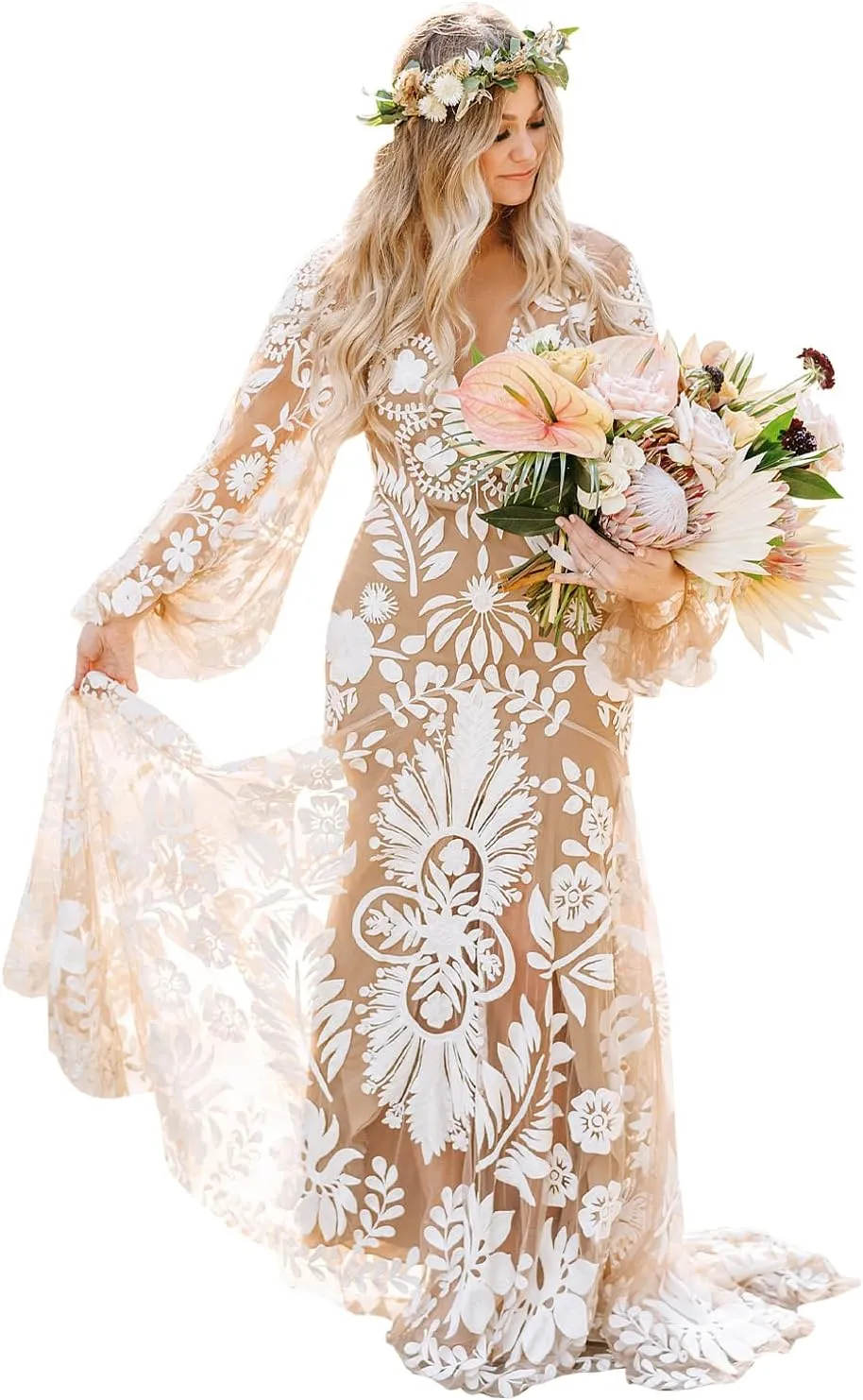 Western Boho Wedding Dresses for Bride Luxury Lace Mermaid Bridal Dress 2-Piece Beach Wedding Gown with Slit