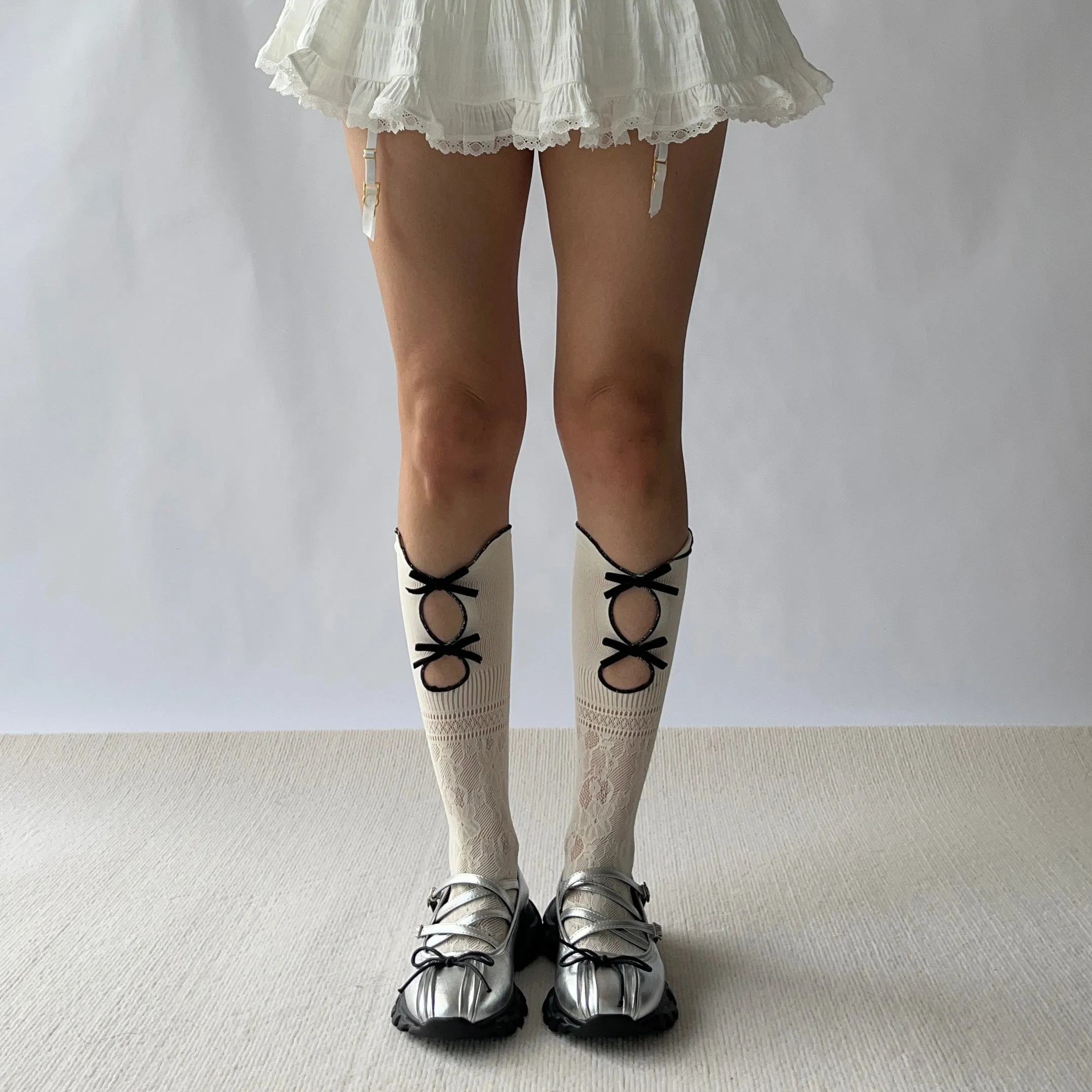White Bow Deco Cut Out Knee High Socks