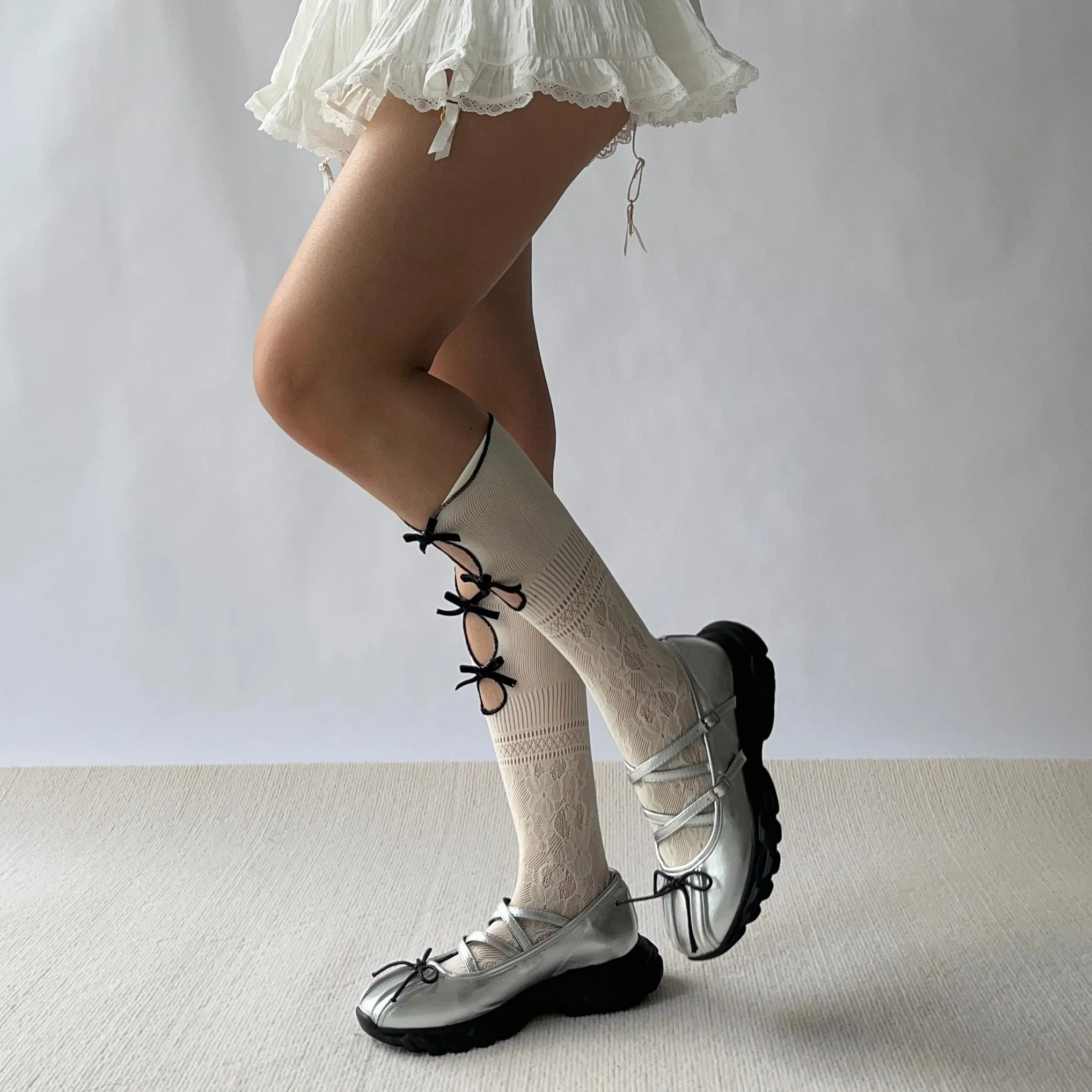 White Bow Deco Cut Out Knee High Socks