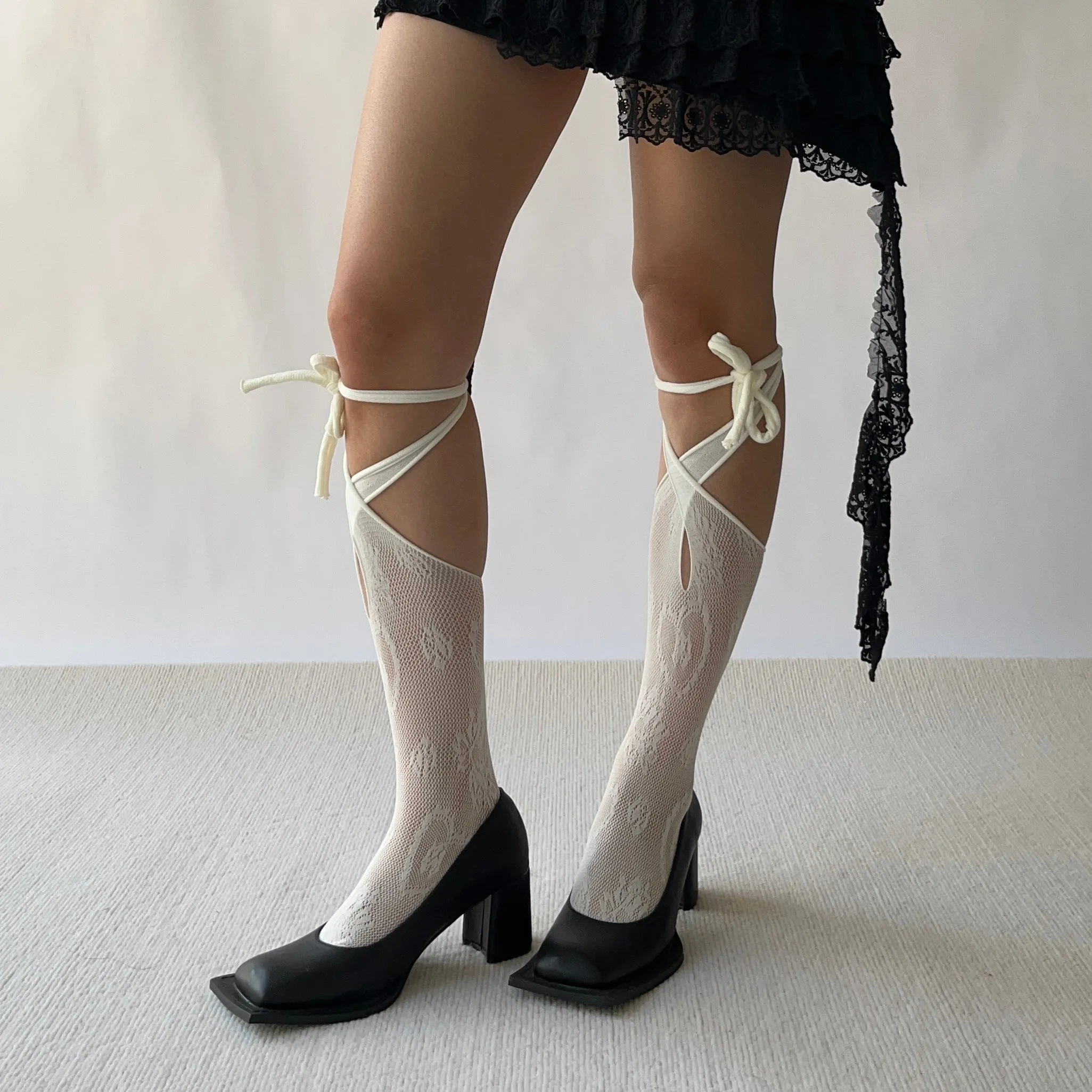 White Lace Up Fishnet Knee High Socks