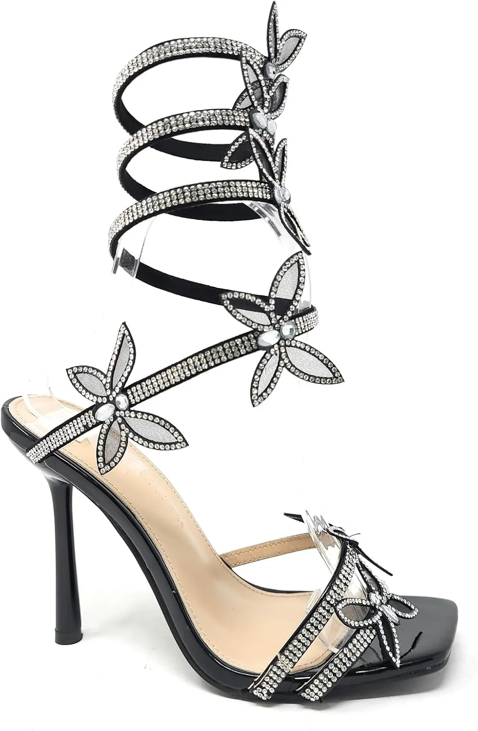 Wild Diva Women's Narala-41A Diamante Butterfly Detail Wrap Around Rhinestone Strap Stiletto Heel Sandal