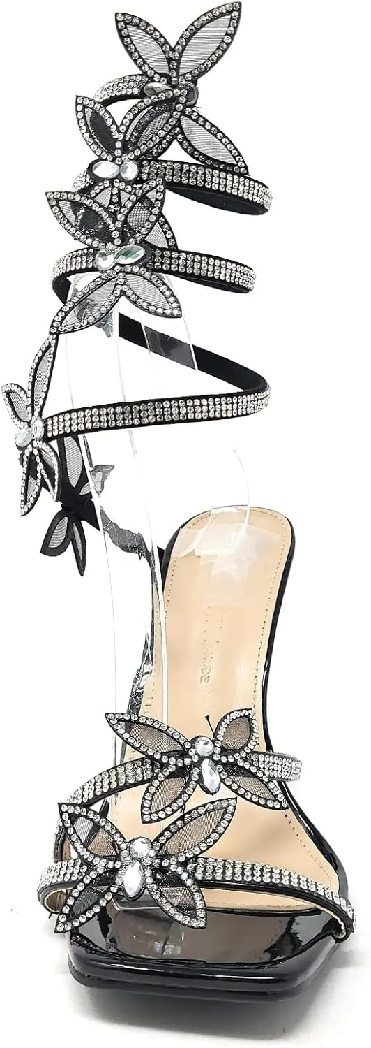 Wild Diva Women's Narala-41A Diamante Butterfly Detail Wrap Around Rhinestone Strap Stiletto Heel Sandal