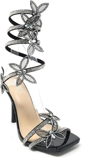 Wild Diva Women's Narala-41A Diamante Butterfly Detail Wrap Around Rhinestone Strap Stiletto Heel Sandal