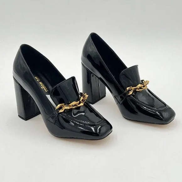 wo wagas Black Chains Pumps High Chunky Heel Loafers Square Toe Slip On Shoes