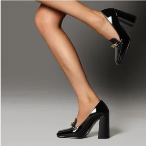 wo wagas Black Chains Pumps High Chunky Heel Loafers Square Toe Slip On Shoes