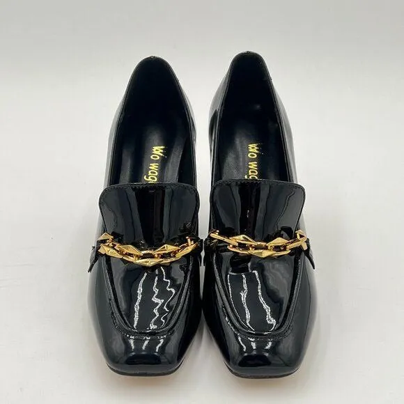 wo wagas Black Chains Pumps High Chunky Heel Loafers Square Toe Slip On Shoes