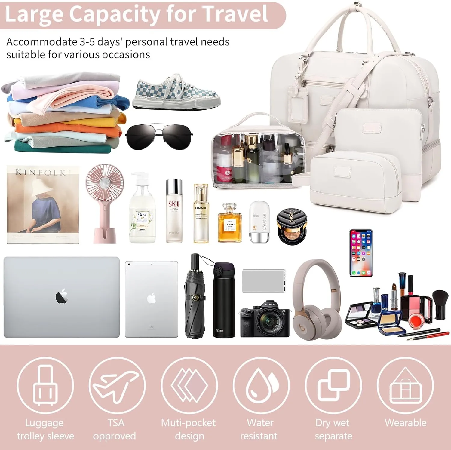 Wogarl Weekender Bags for Women Large Overnight Bag Weekend Travel Duffel Bag Carry on Shoulder with Shoe Compartment Toiletry Bag for Travel Business Gym
