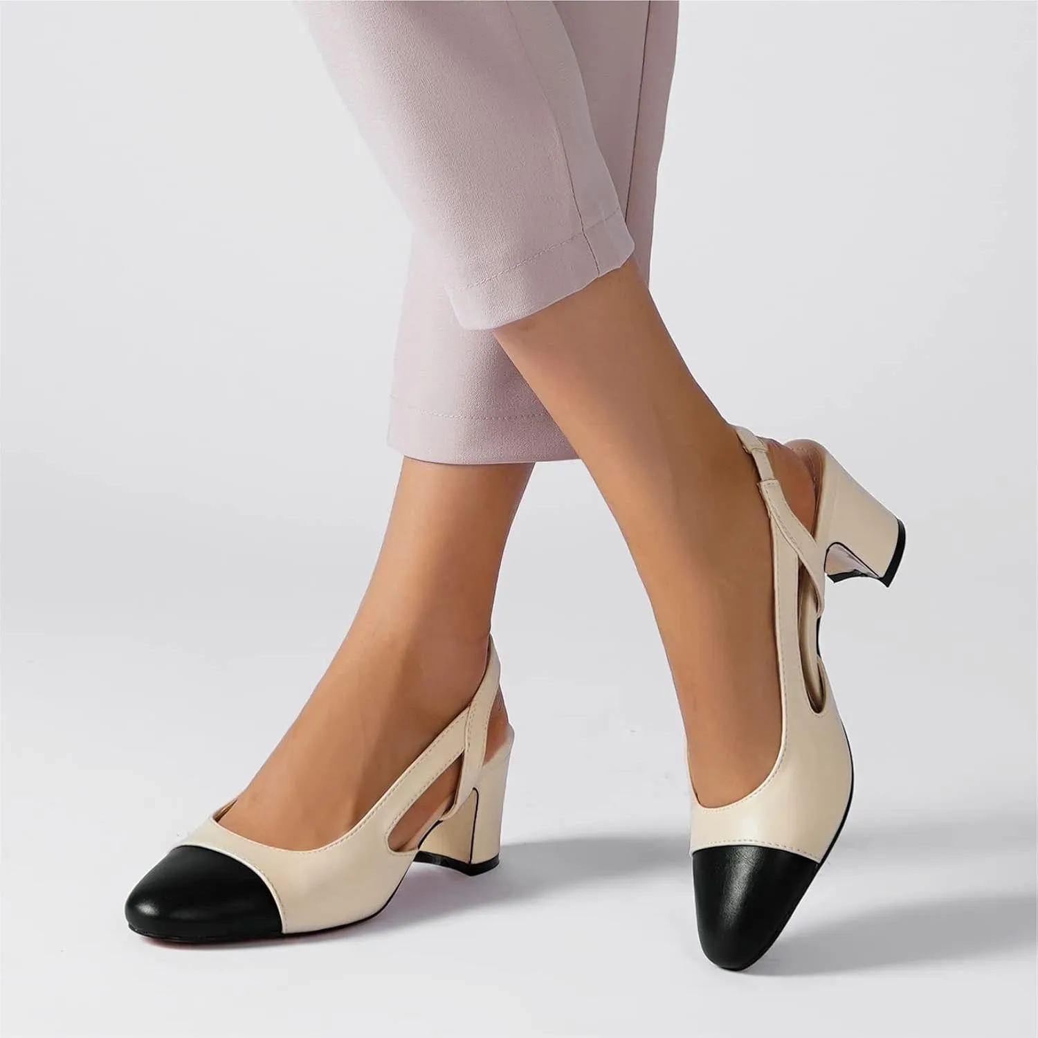 Women 2.6 Inches Chunky Slingback Heels Block Kitten Heel Pointed Toe Slip-On Pumps Casual Wedding Banquet Dress Shoes