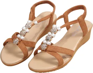 Women Jewelry Embellished Wedge Sandal Rubber Sole Cross Strappy Shoe High Elastic Ankle Strap Sandals Open Toe