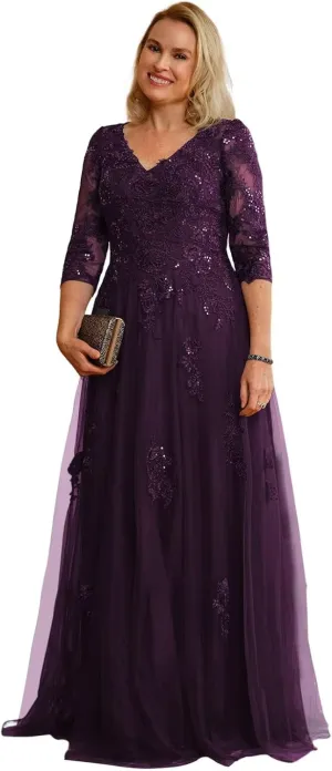 Women's 3/4 Sleeve Mother of The Bride Dresses 2025 Lace Applique Pleated Formal Party Dress DE222