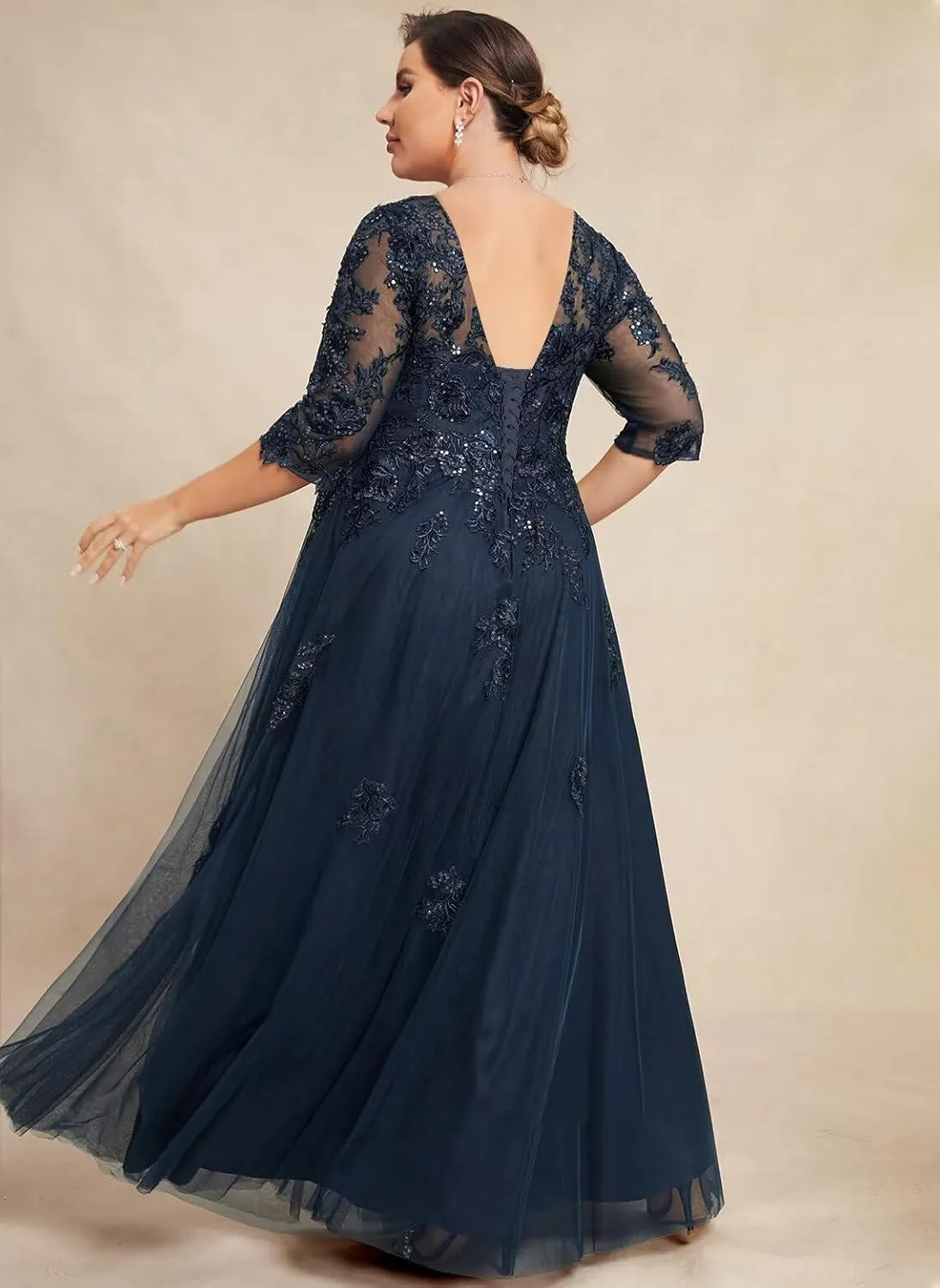 Women's 3/4 Sleeve Mother of The Bride Dresses 2025 Lace Applique Pleated Formal Party Dress DE222