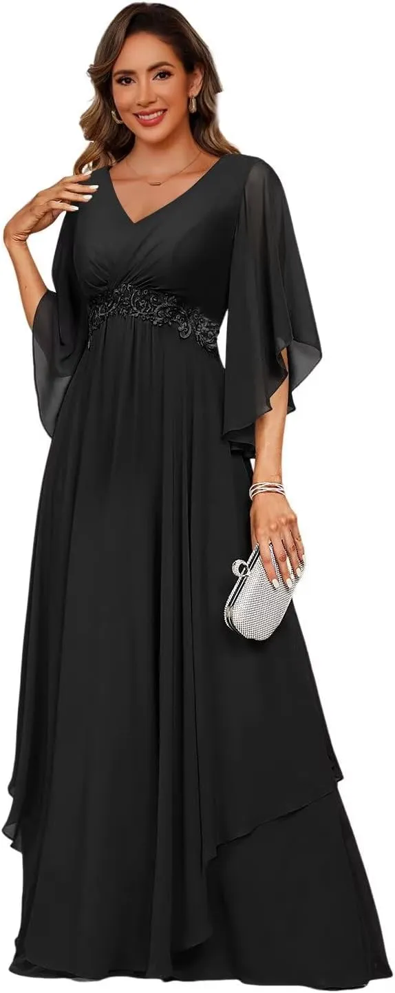 Women's 3/4 Sleeve Mother of The Bride Dresses 2025 Lace Applique Pleated Formal Party Dress DE233