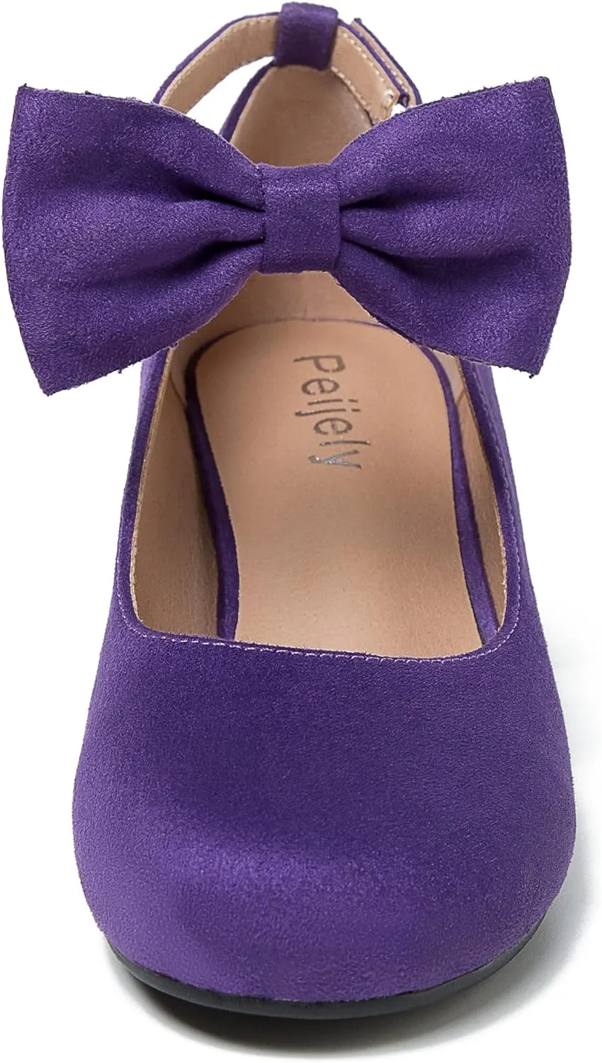 Women's Ankle Strap Heels Removable Bow Closed Toe Low Chunky Heels Pumps Mary Jane Dress Shoes