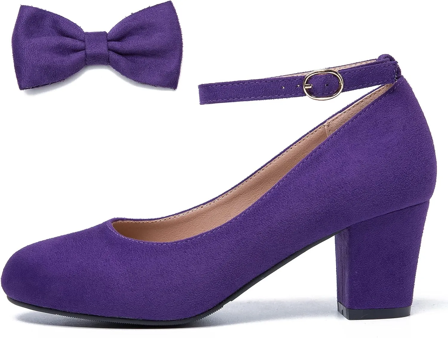 Women's Ankle Strap Heels Removable Bow Closed Toe Low Chunky Heels Pumps Mary Jane Dress Shoes