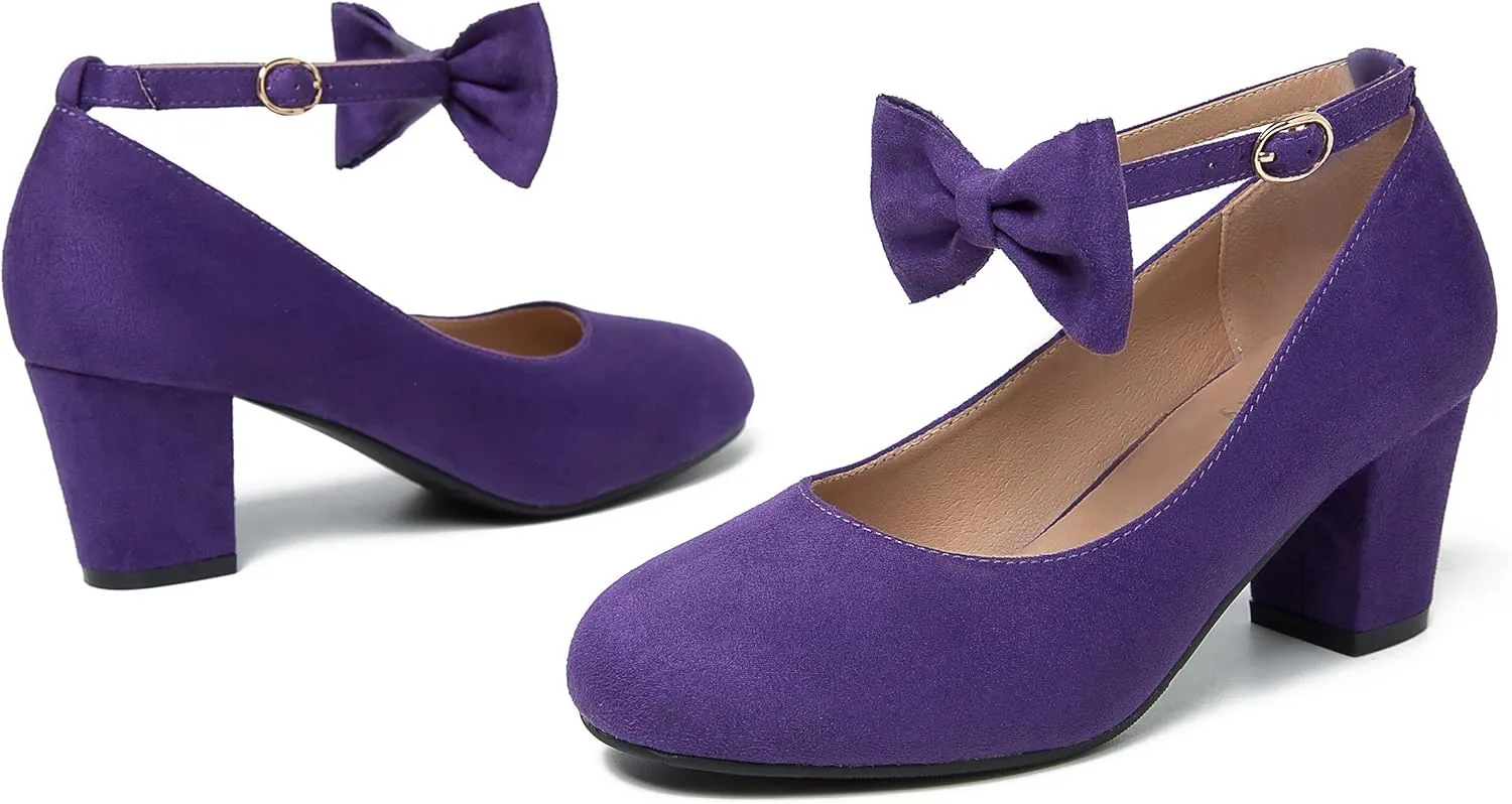 Women's Ankle Strap Heels Removable Bow Closed Toe Low Chunky Heels Pumps Mary Jane Dress Shoes