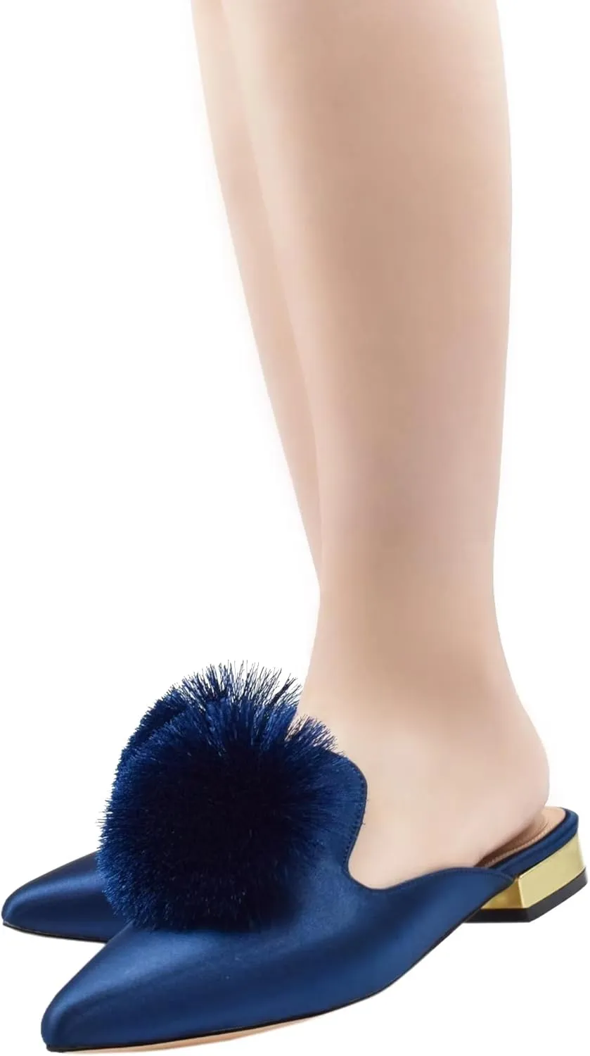 Women's Backless Comfort Slip On Loafers Flats Cute Pom Pom Mule Slippers Casual Shoes