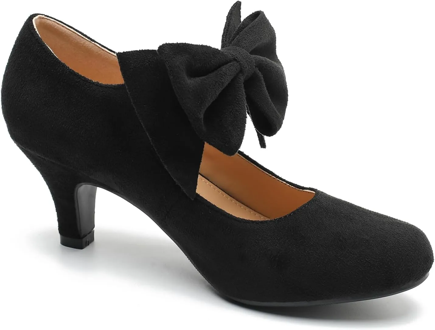 Women's Bow Low Kitten Heels Mary Jane Pumps Round Toe Ankle Strap Comfortable Party Dressy Shoes