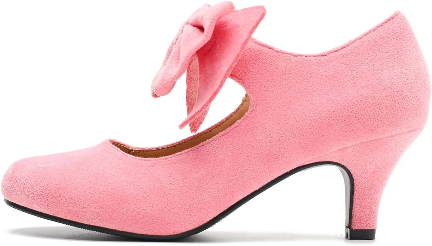 Women's Bow Low Kitten Heels Mary Jane Pumps Round Toe Ankle Strap Comfortable Party Dressy Shoes
