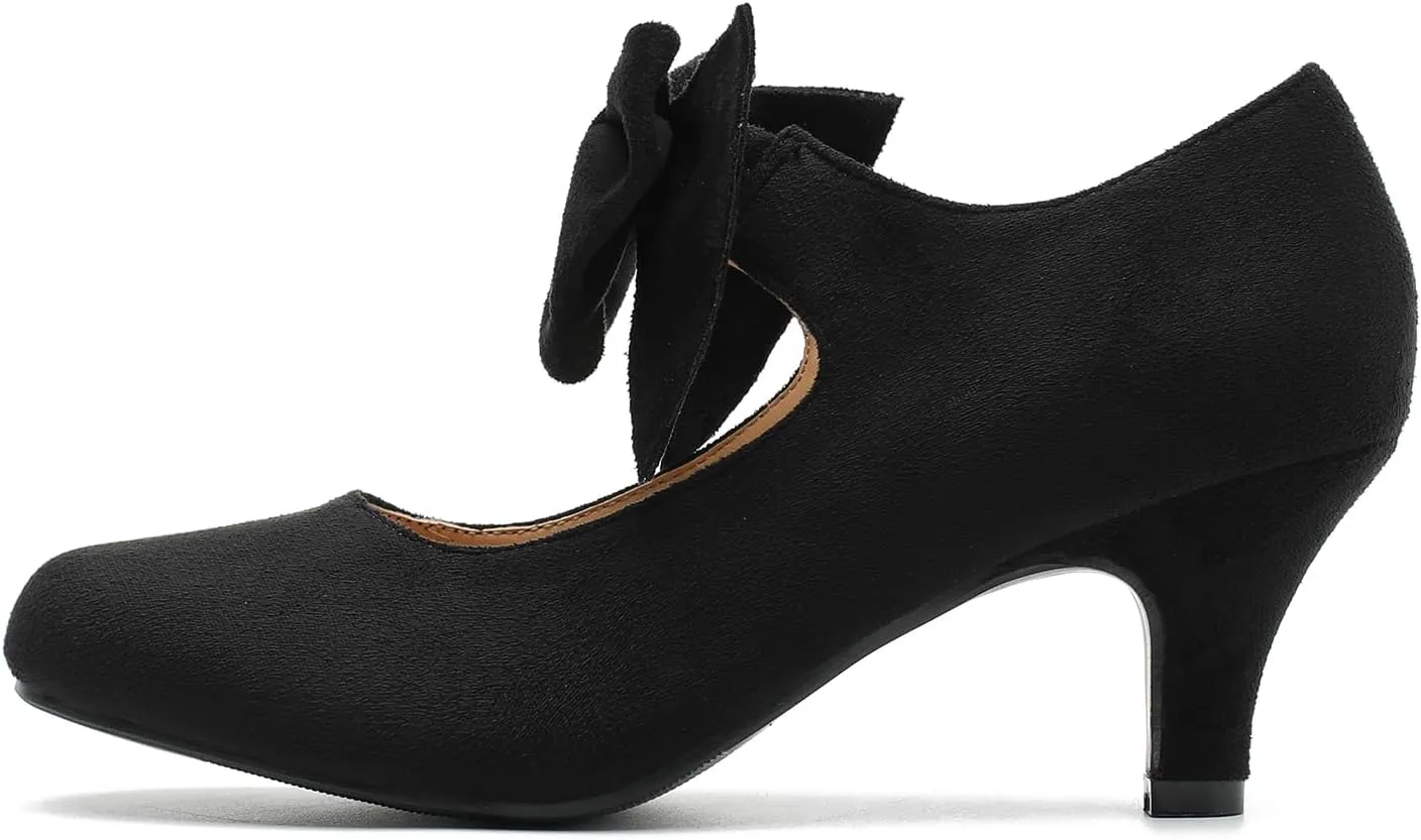 Women's Bow Mary Jane Kitten Heels Pumps Round Toe Low Heels Ankle Strap Dress Evening Party Shoes
