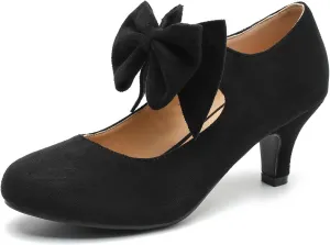 Women's Bow Mary Jane Kitten Heels Pumps Round Toe Low Heels Ankle Strap Dress Evening Party Shoes