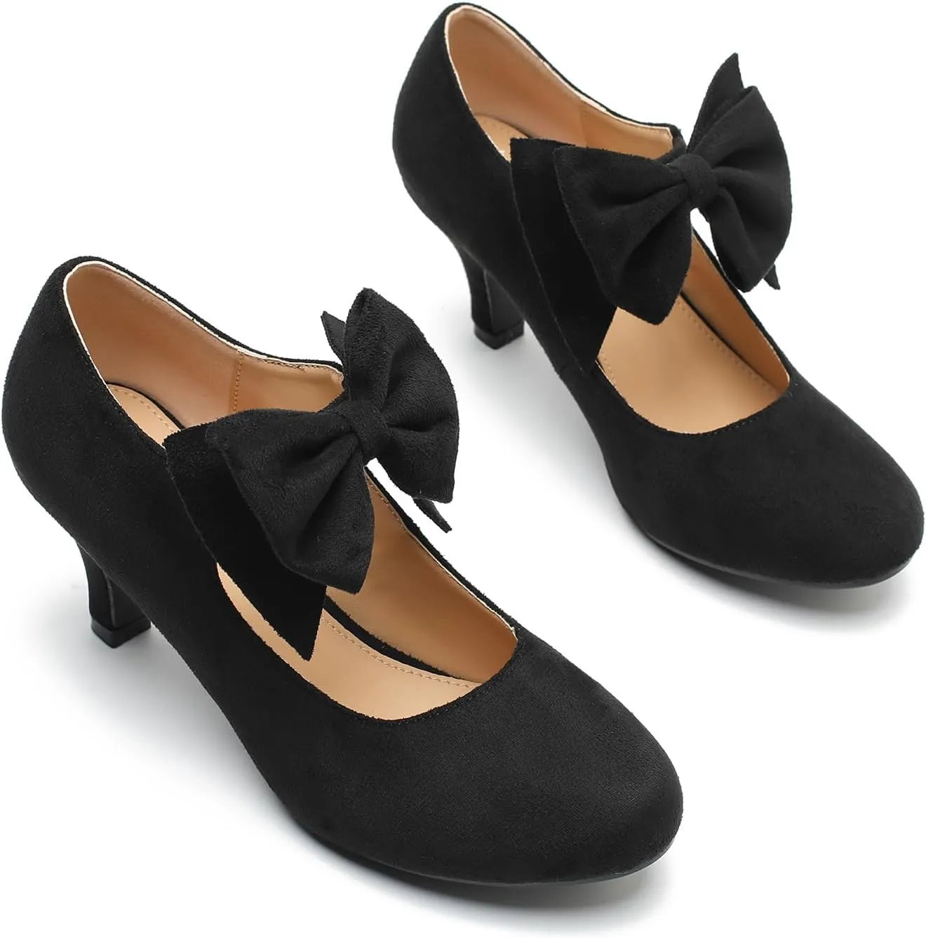 Women's Bow Mary Jane Kitten Heels Pumps Round Toe Low Heels Ankle Strap Dress Evening Party Shoes