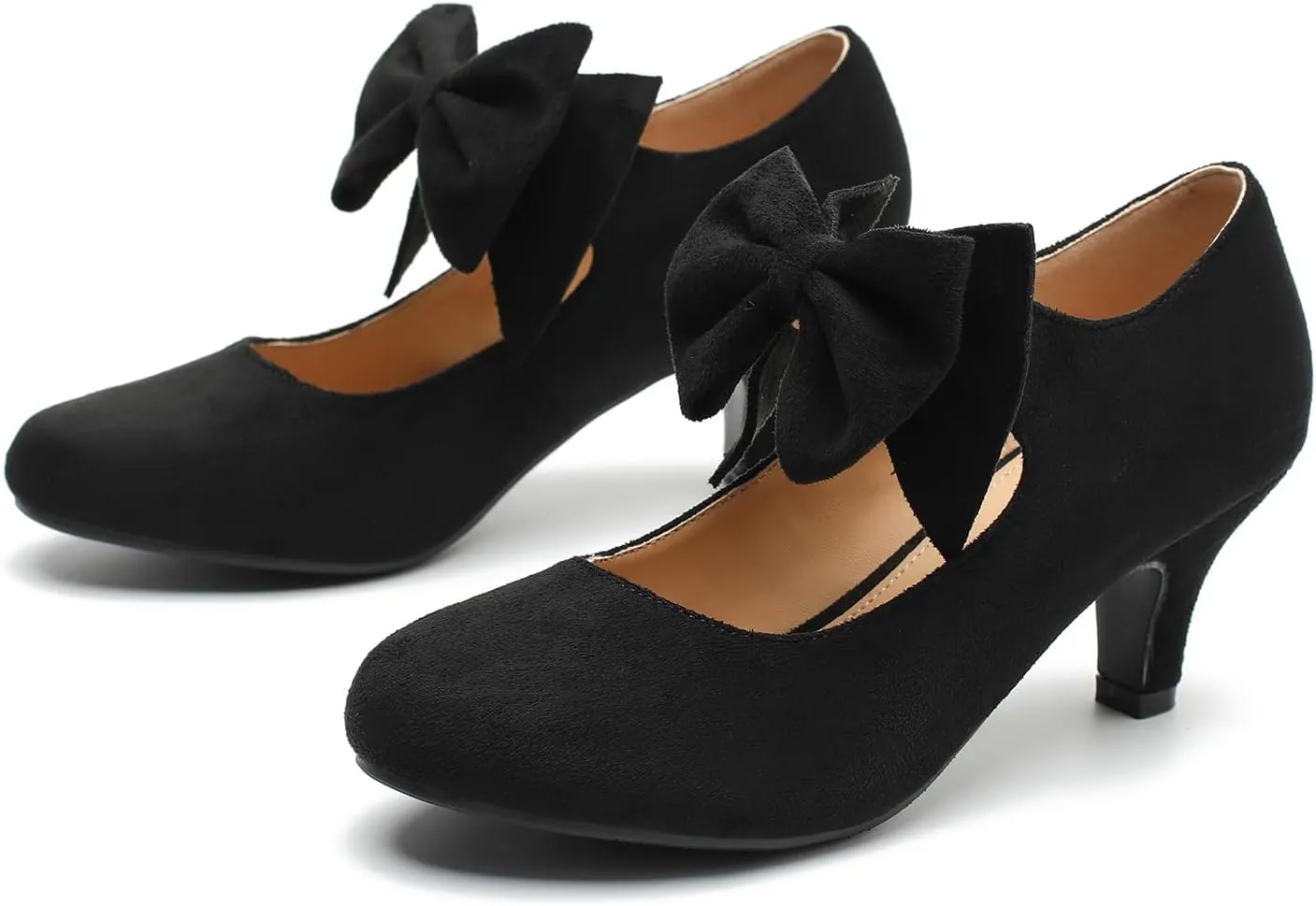 Women's Bow Mary Jane Kitten Heels Pumps Round Toe Low Heels Ankle Strap Dress Evening Party Shoes