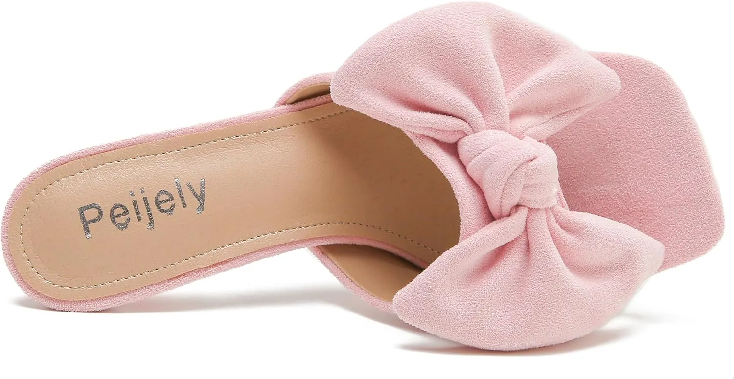 Women's Bow Sandal Mid High Kitten Heel Slip on Square Toe Mule Heels