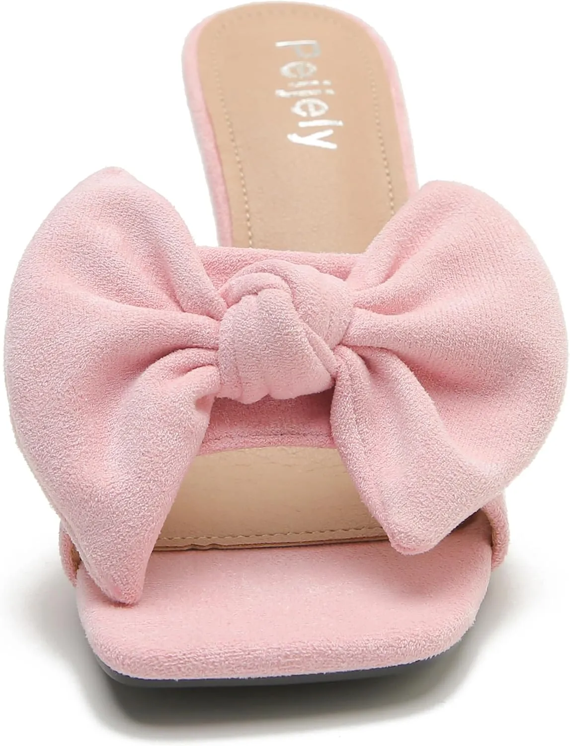 Women's Bow Sandal Mid High Kitten Heel Slip on Square Toe Mule Heels