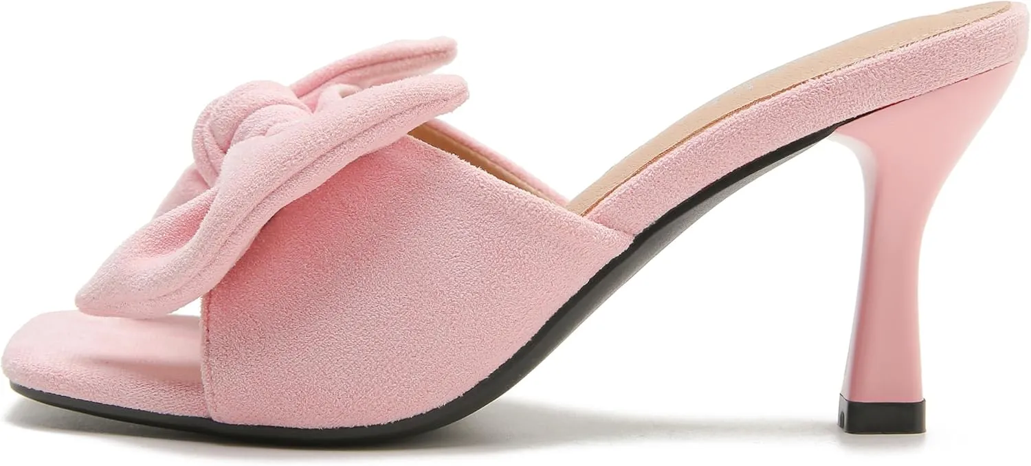 Women's Bow Sandal Mid High Kitten Heel Slip on Square Toe Mule Heels