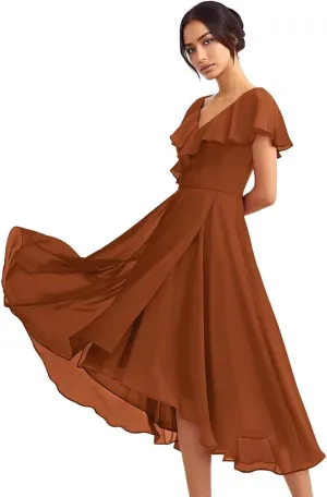 Women's Bridesmaid Dresses with Sleeves Ruffles Chiffon V Neck A Line High-Low Formal Gowns