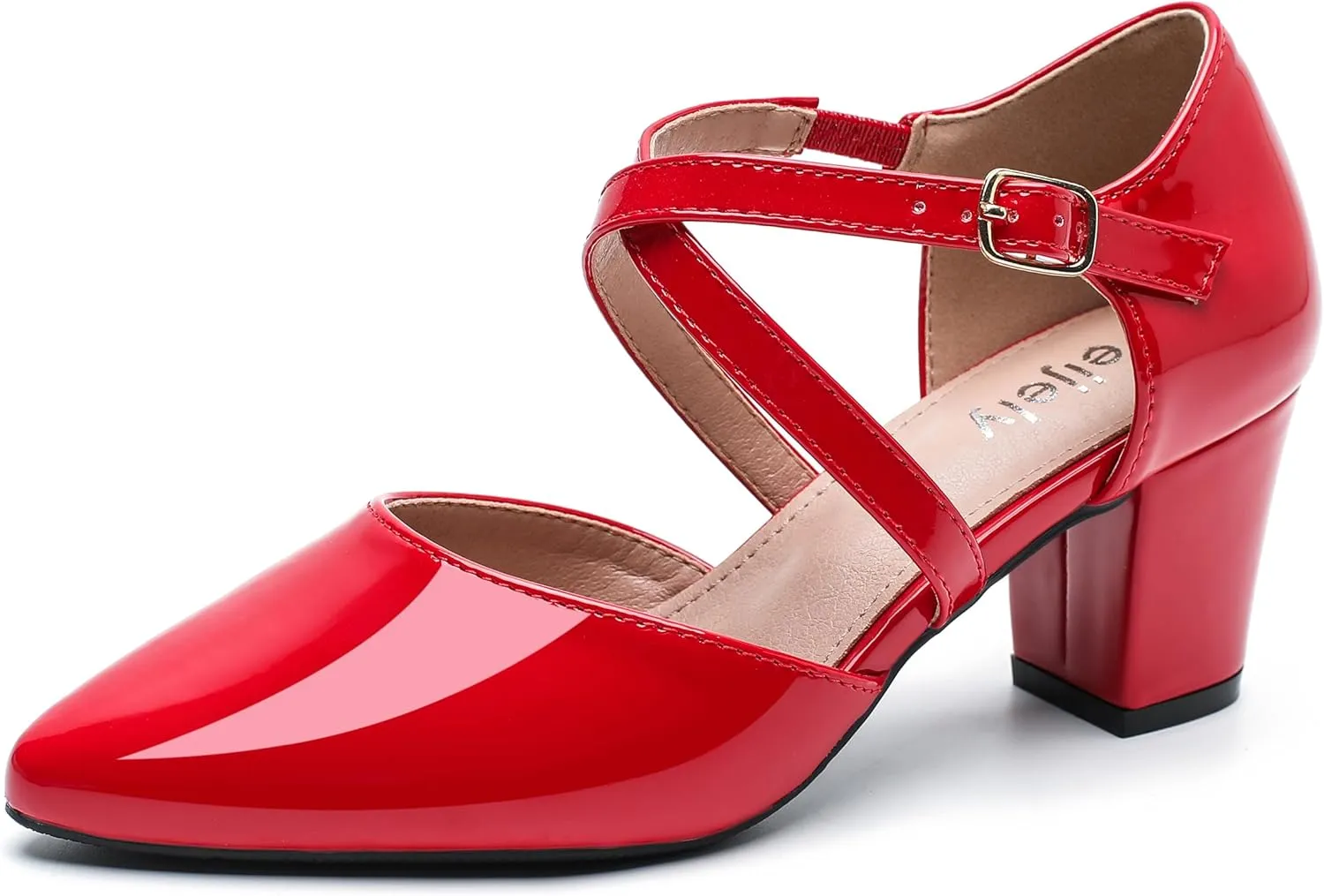 Women's Chunky Heel Pumps Cross Strap Closed Pointed Toe Dress Shoes