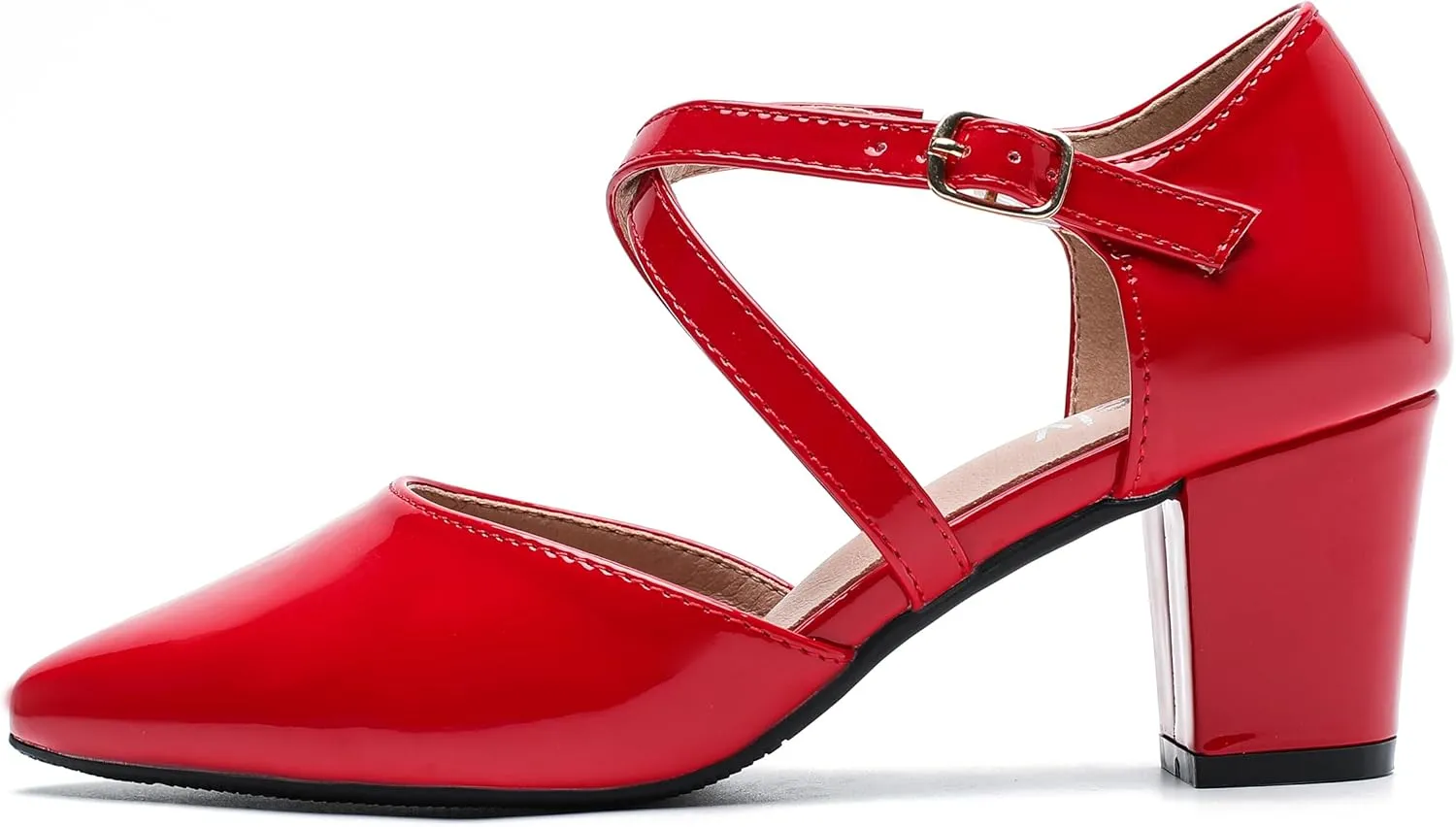 Women's Chunky Heel Pumps Cross Strap Closed Pointed Toe Dress Shoes