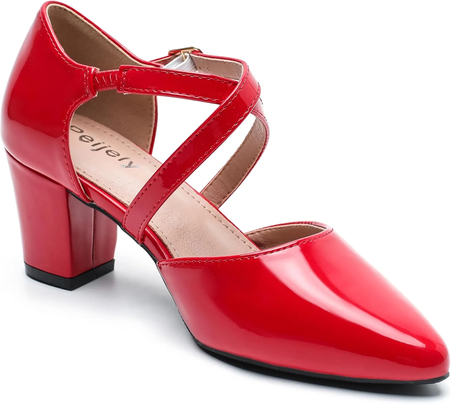 Women's Chunky Heel Pumps Cross Strap Closed Pointed Toe Dress Shoes