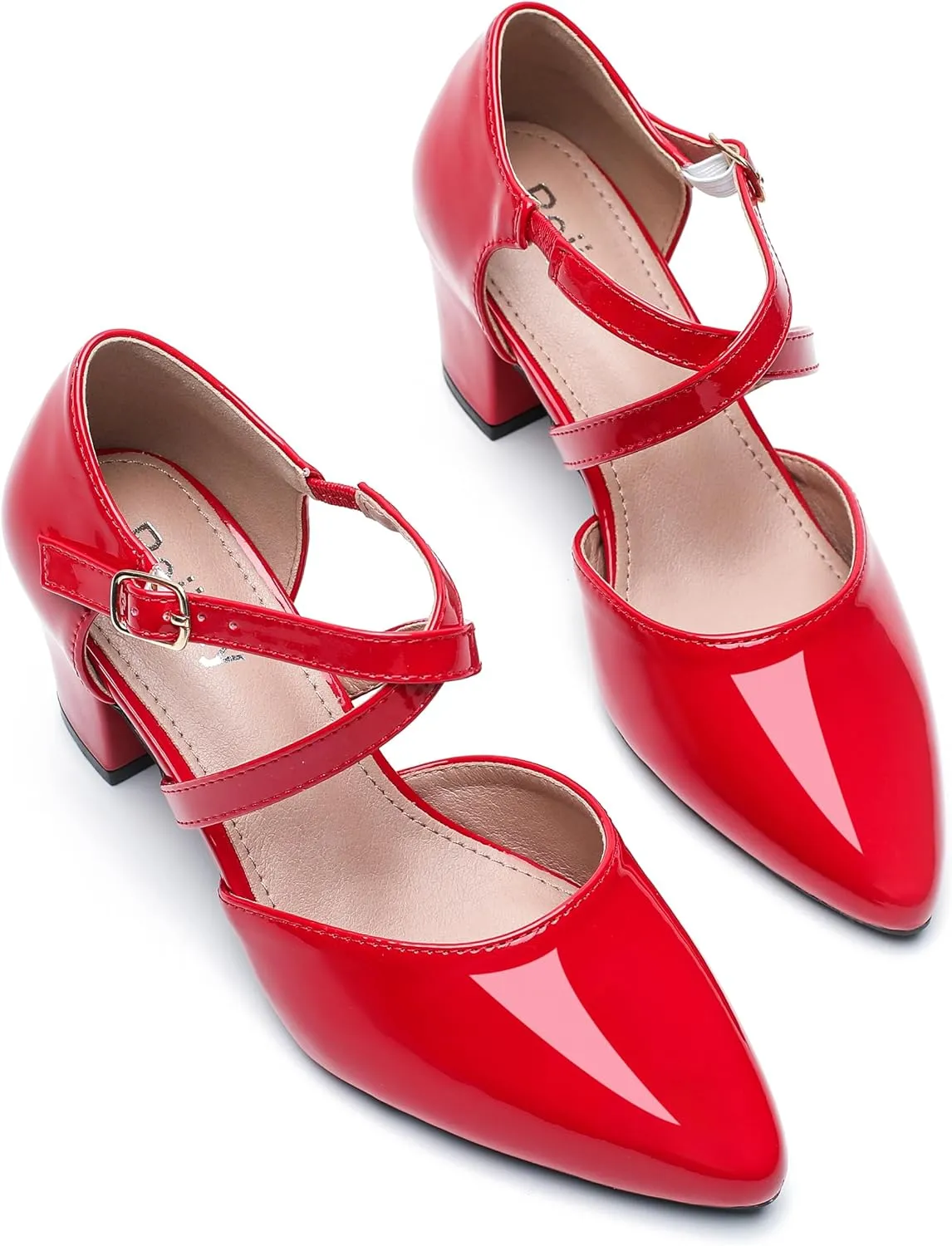 Women's Chunky Heel Pumps Cross Strap Closed Pointed Toe Dress Shoes