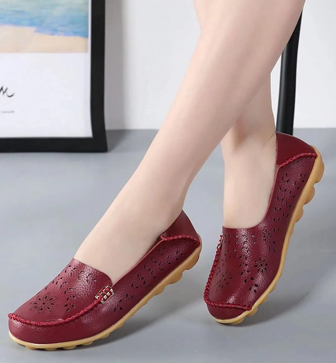 Womens Cowhide Casual Slipper Loafers Moccasin Driving Shoes Flat Slip-Ons